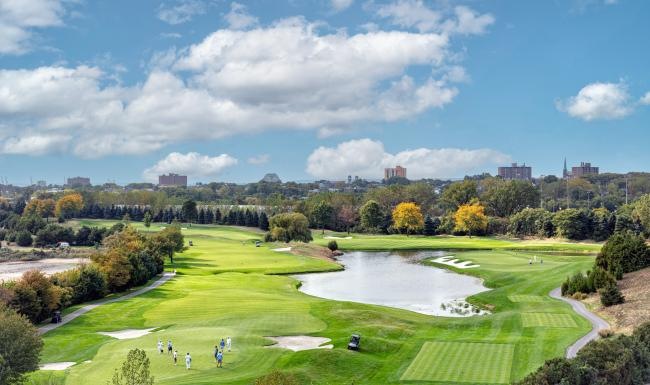 a large park with a pond