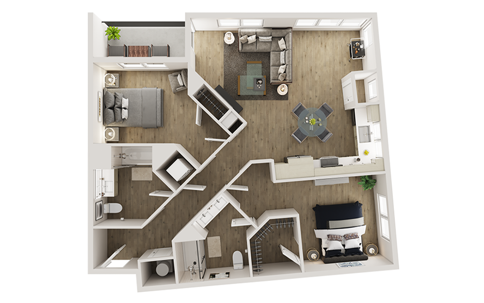 B7 - 2 bedroom floorplan layout with 2 bathrooms and 1104 - 1117 square feet (3D)